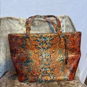 Designer-Style Orange Teal Embossed Tote Bag